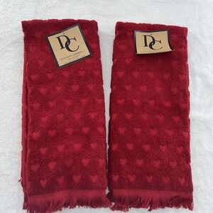 Deborah Connolly Red Heart Pattern Bath Tea Towels 2- Sets of 2 Fringe Trim NEW